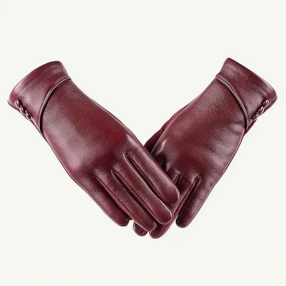 Genuine Leather Burgundy Red Woman’s Gloves Touchscreen and Cashmere Lining